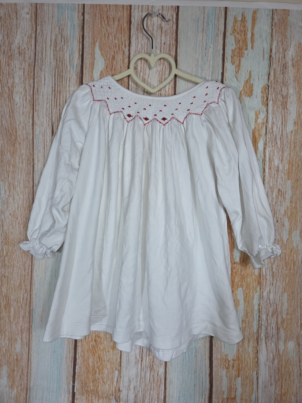 Reign Baby Girls White Smocked Long-Sleeve Top with Red Accents. 100% Cotton